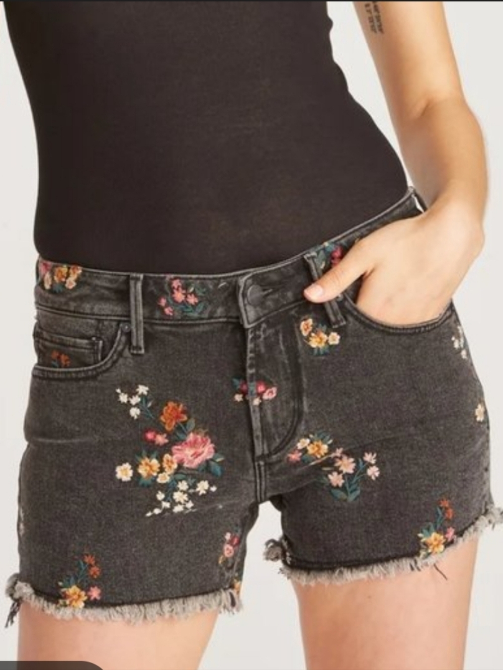 Banjara black floral embroidered denim mom fit super high rise cut off shorts
